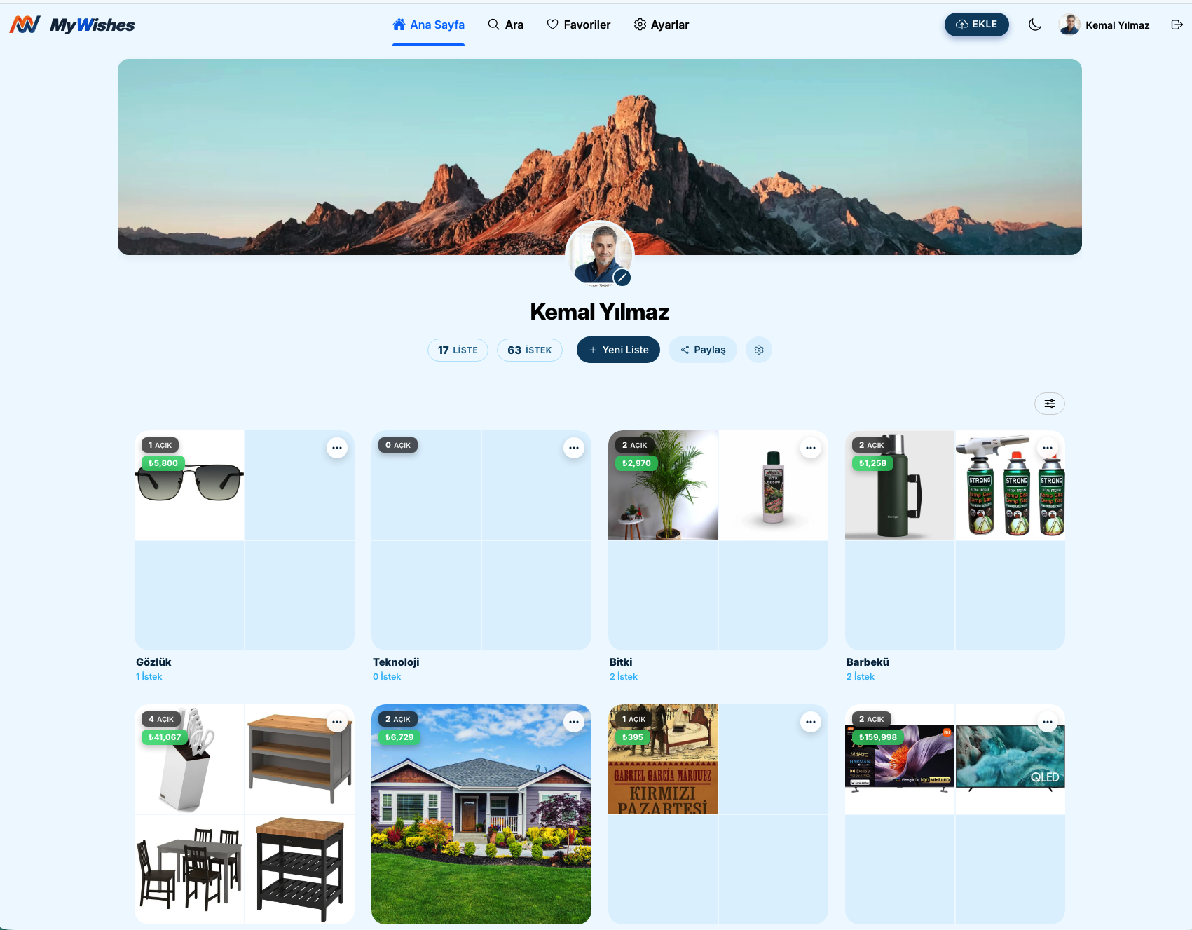 MyWishes Dashboard Arayüzü